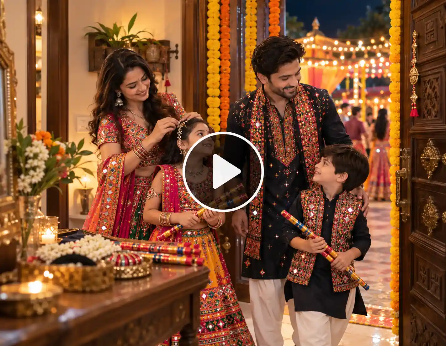 Family getting ready for a Navratri Garba night at home