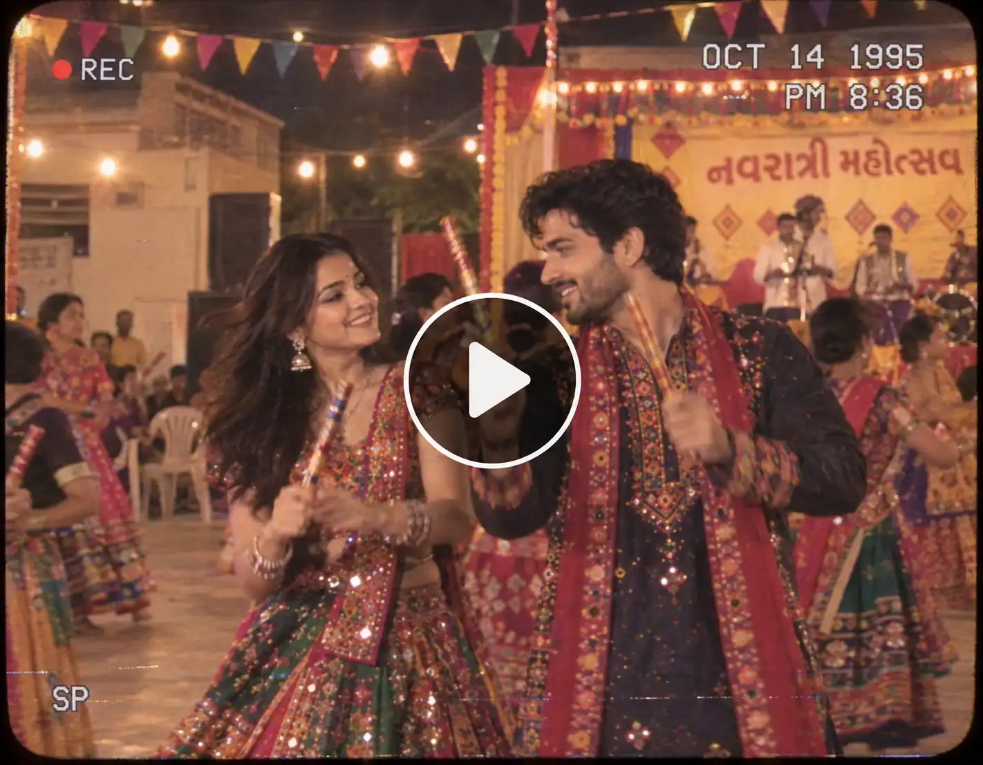 Couple enjoying a retro 1990s-style Navratri Garba celebration