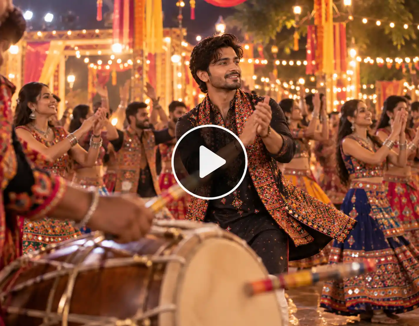 Man entering a lively Navratri Garba circle with a traditional dhol player