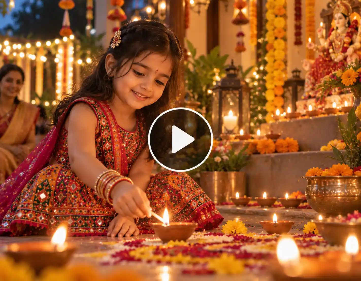 Girl child lighting a diya during a peaceful Navratri celebration
