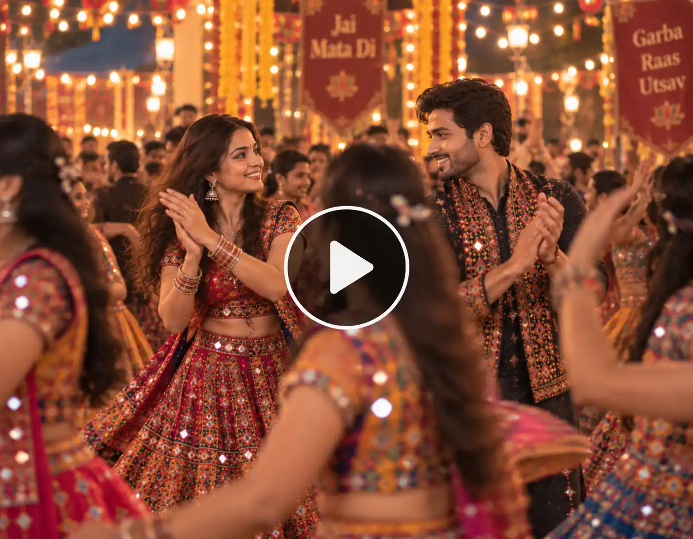 Couple reuniting in a colorful Garba circle during Navratri