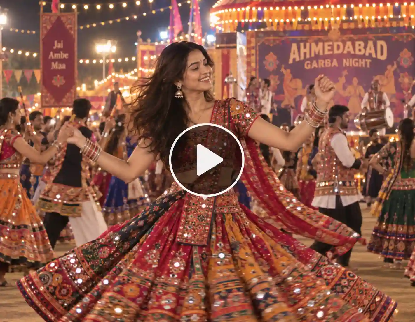 Woman performing Garba at a colorful Ahmedabad Navratri celebration