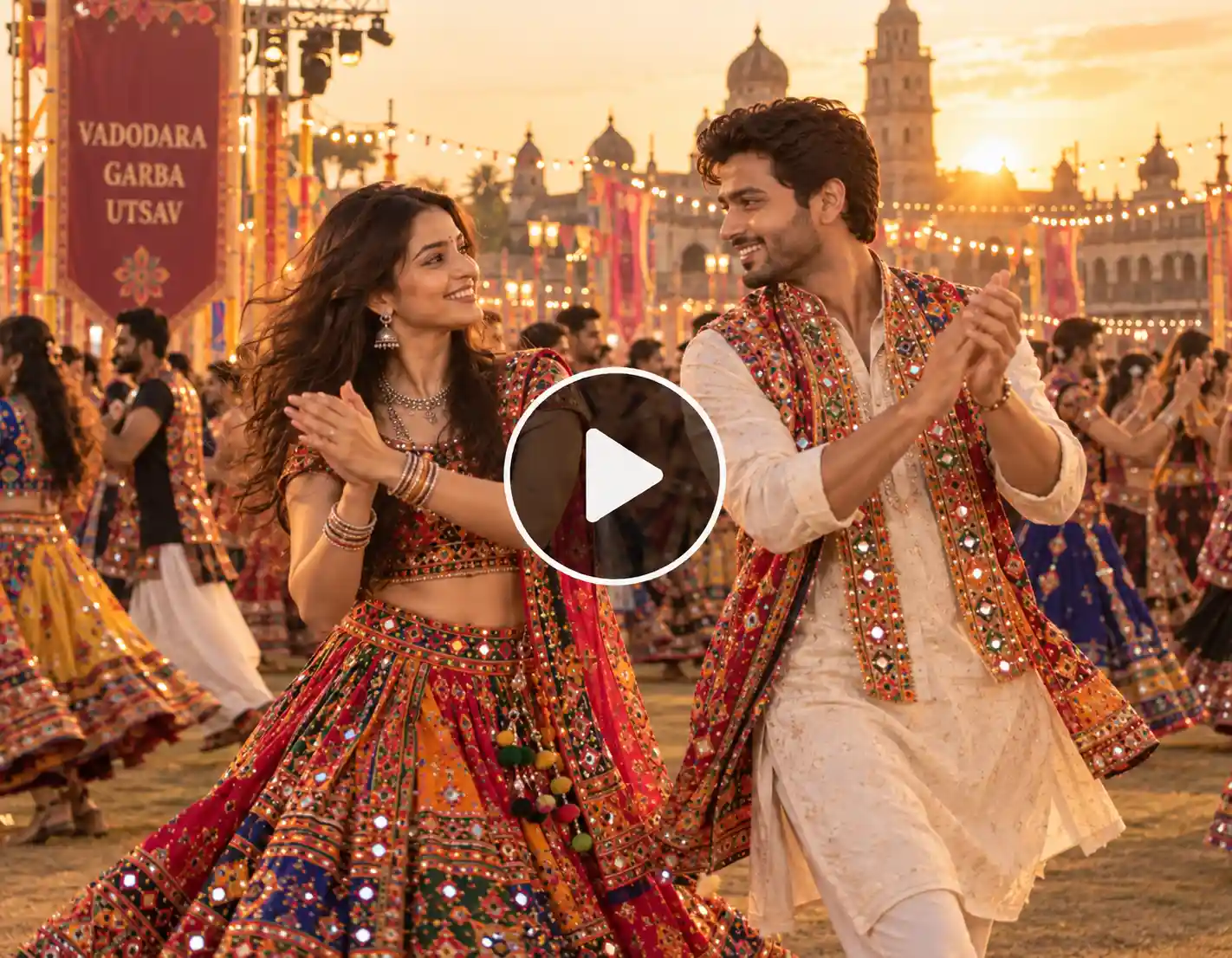 Couple dancing Garba together during a golden-hour Navratri celebration in Vadodara