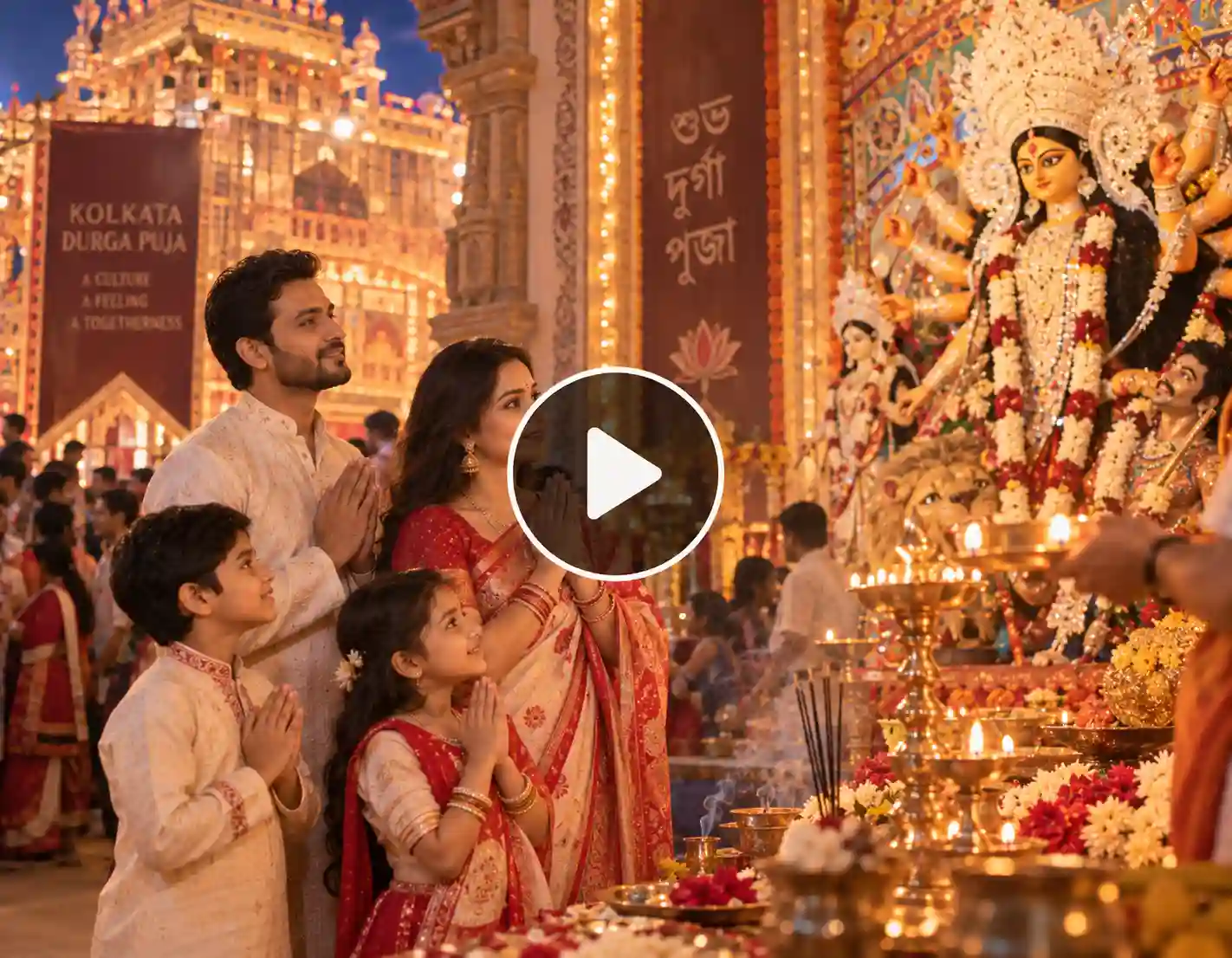 Family visiting an illuminated Durga Puja pandal in Kolkata.
