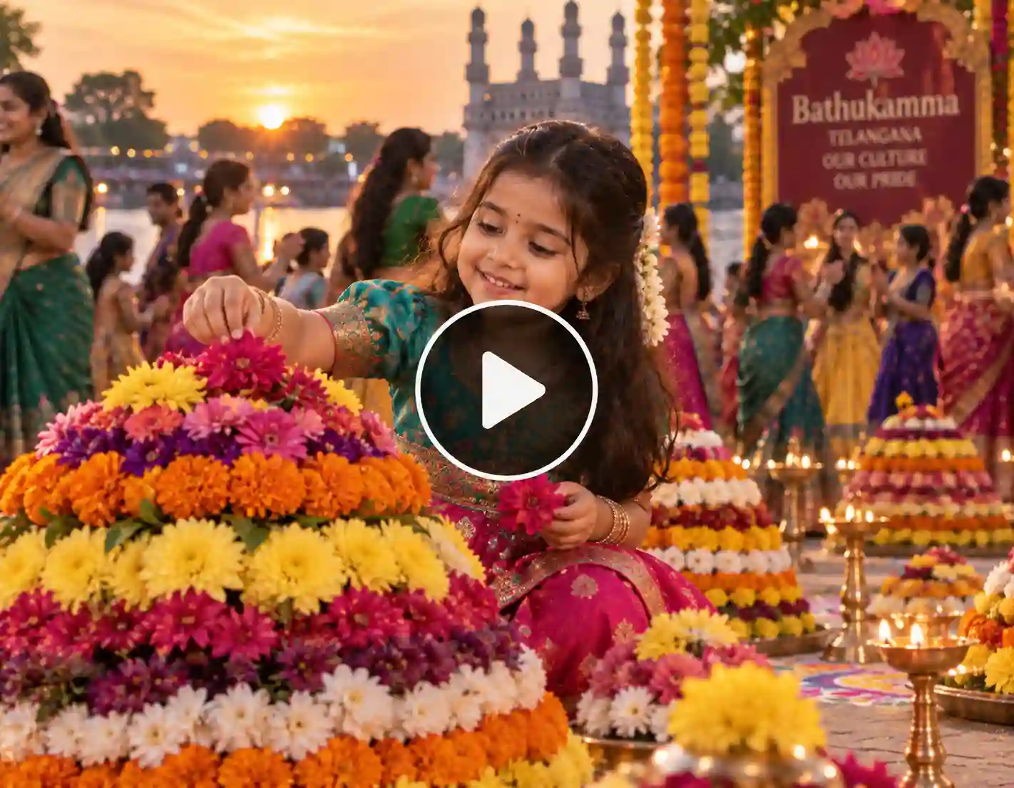 Girl child celebrating Bathukamma with colorful flowers during Navratri