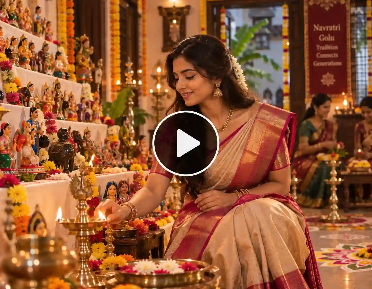 Woman lighting a brass lamp during a traditional South Indian Navratri Golu celebration