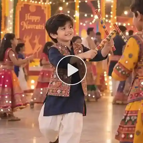 Boy child enjoying his first Navratri Dandiya dance with colorful sticks.