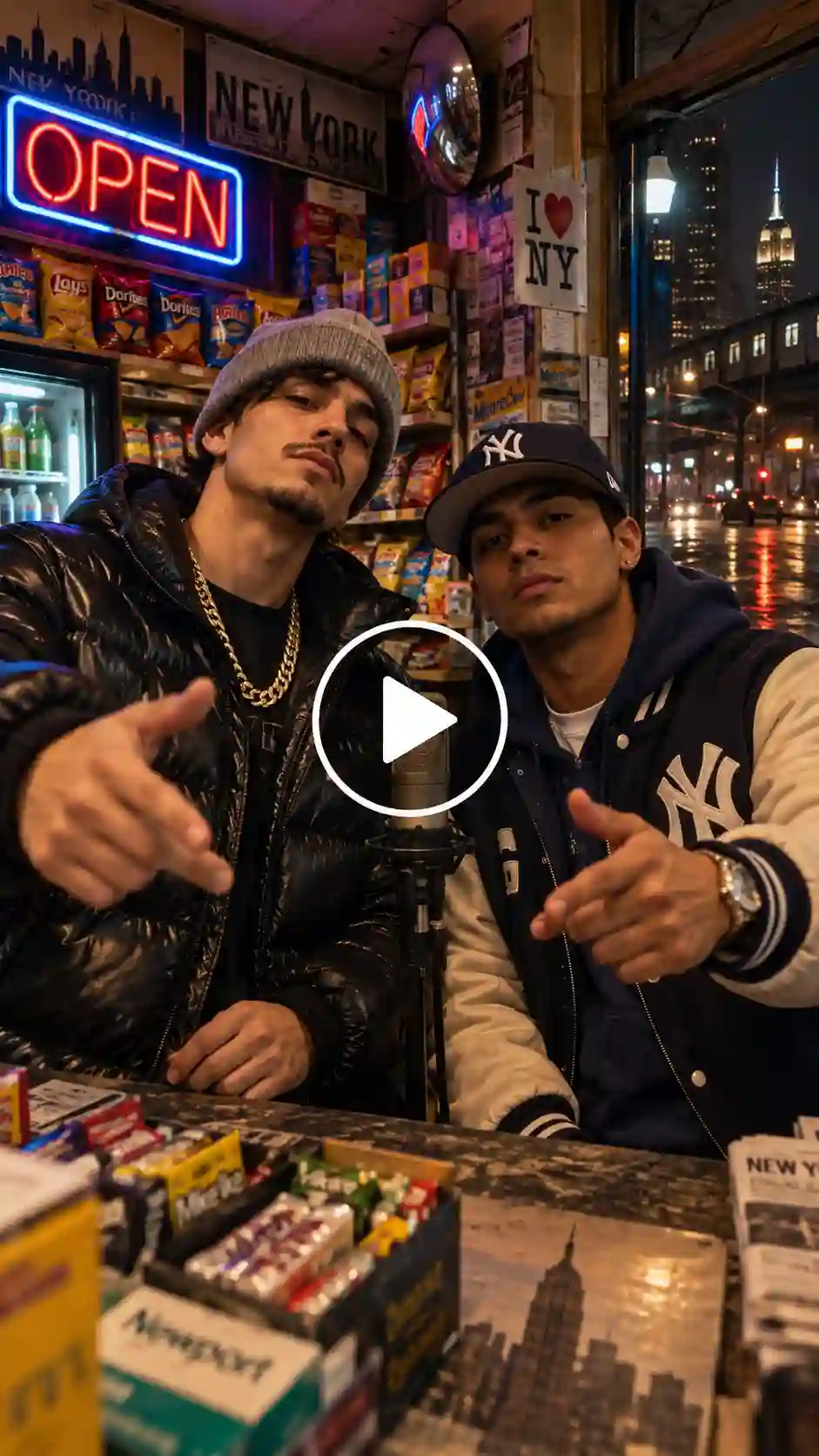 Two men rapping together at a New York bodega at night with a neon sign and boom-bap vibe.