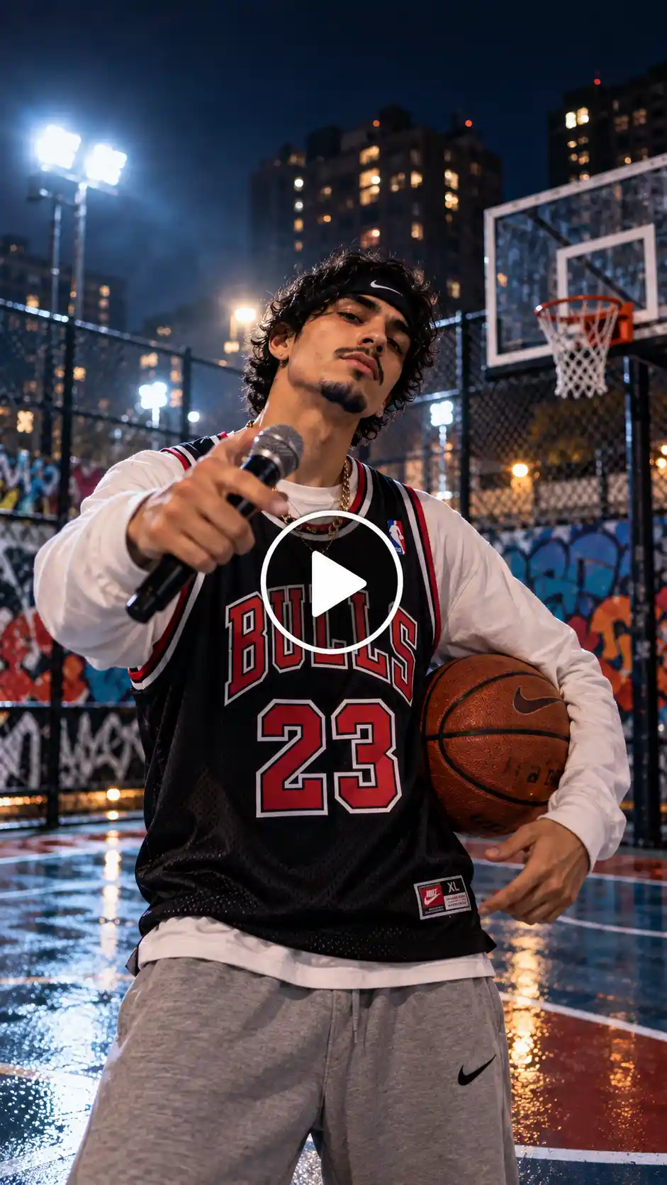 A male rapper performing on a floodlit basketball court at night with a ball, graffiti wall, and urban backdrop.