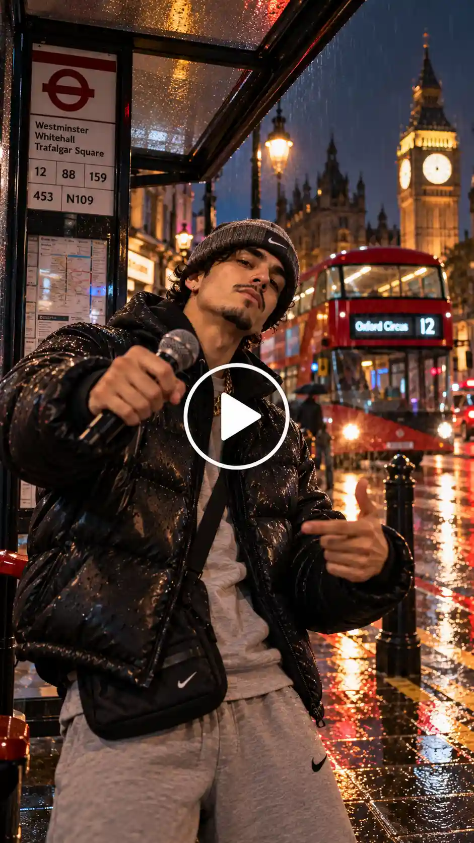 A male rapper performing at a rainy London bus stop with a red double-decker bus and glowing street lights.
