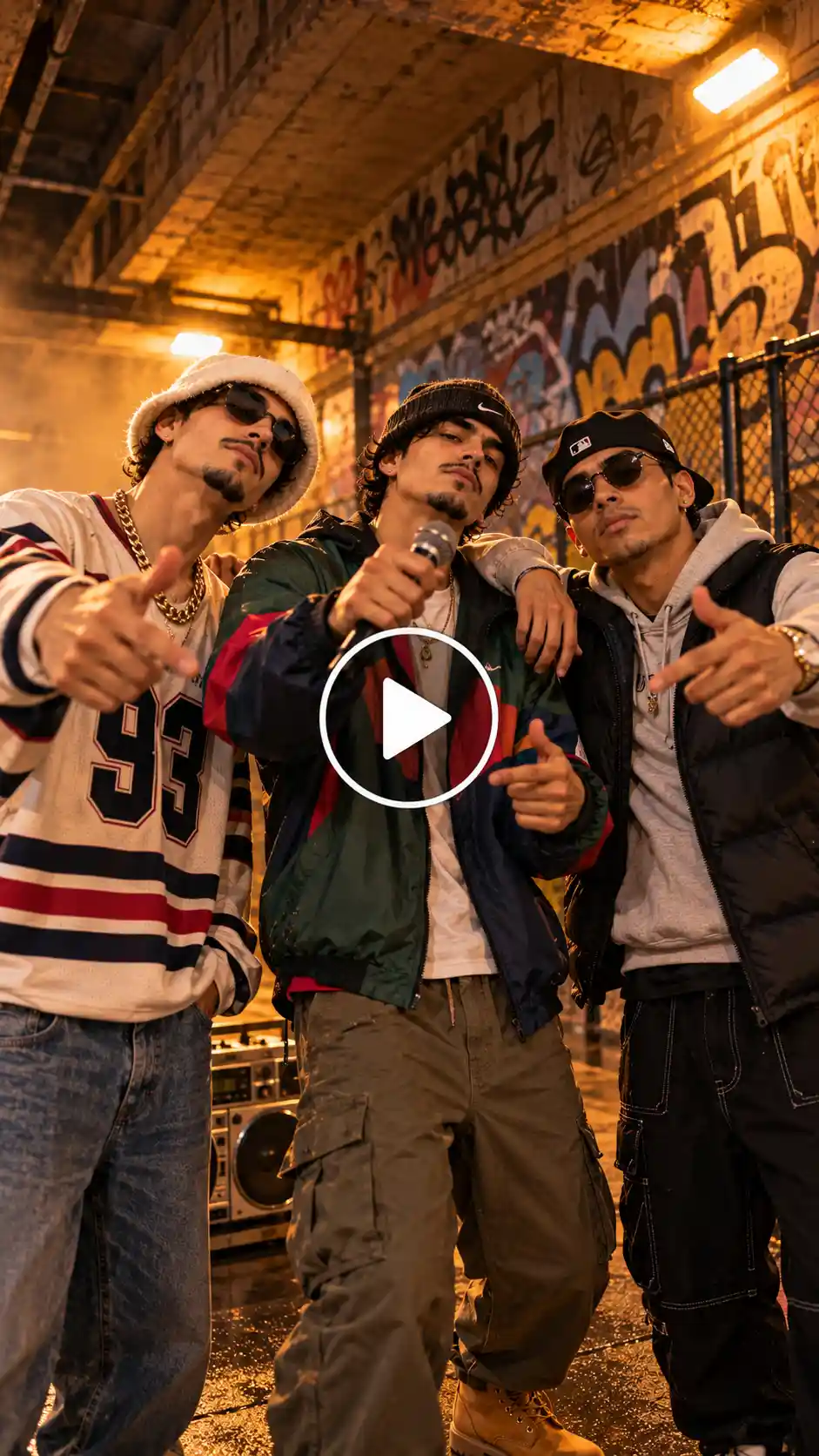 Three men rapping together in a-covered underpass with a boombox and 90s boom-bap style.