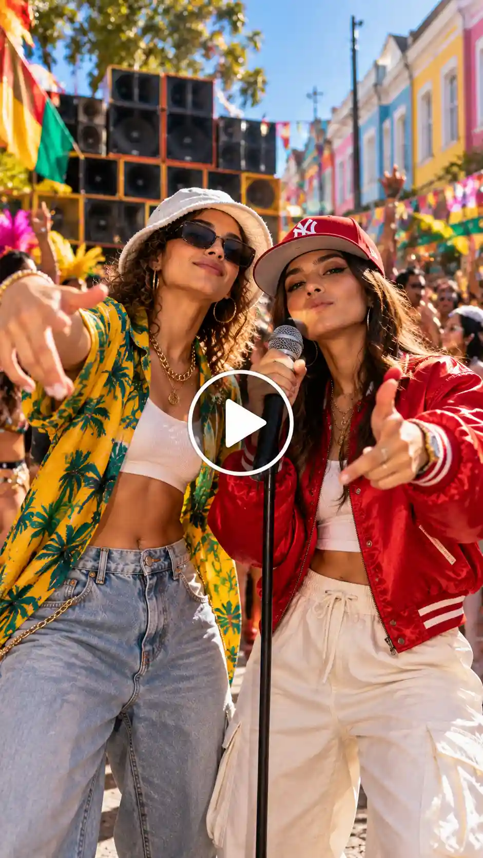 Two women rapping at a colorful UK carnival street party with speakers, dancing crowds, and summer vibes.
