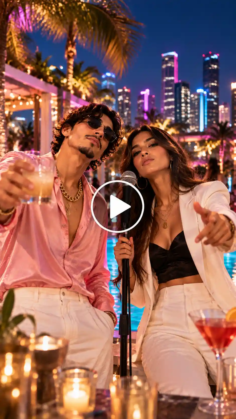A man and woman rapping together at a Miami rooftop pool party with neon lights and a city skyline.