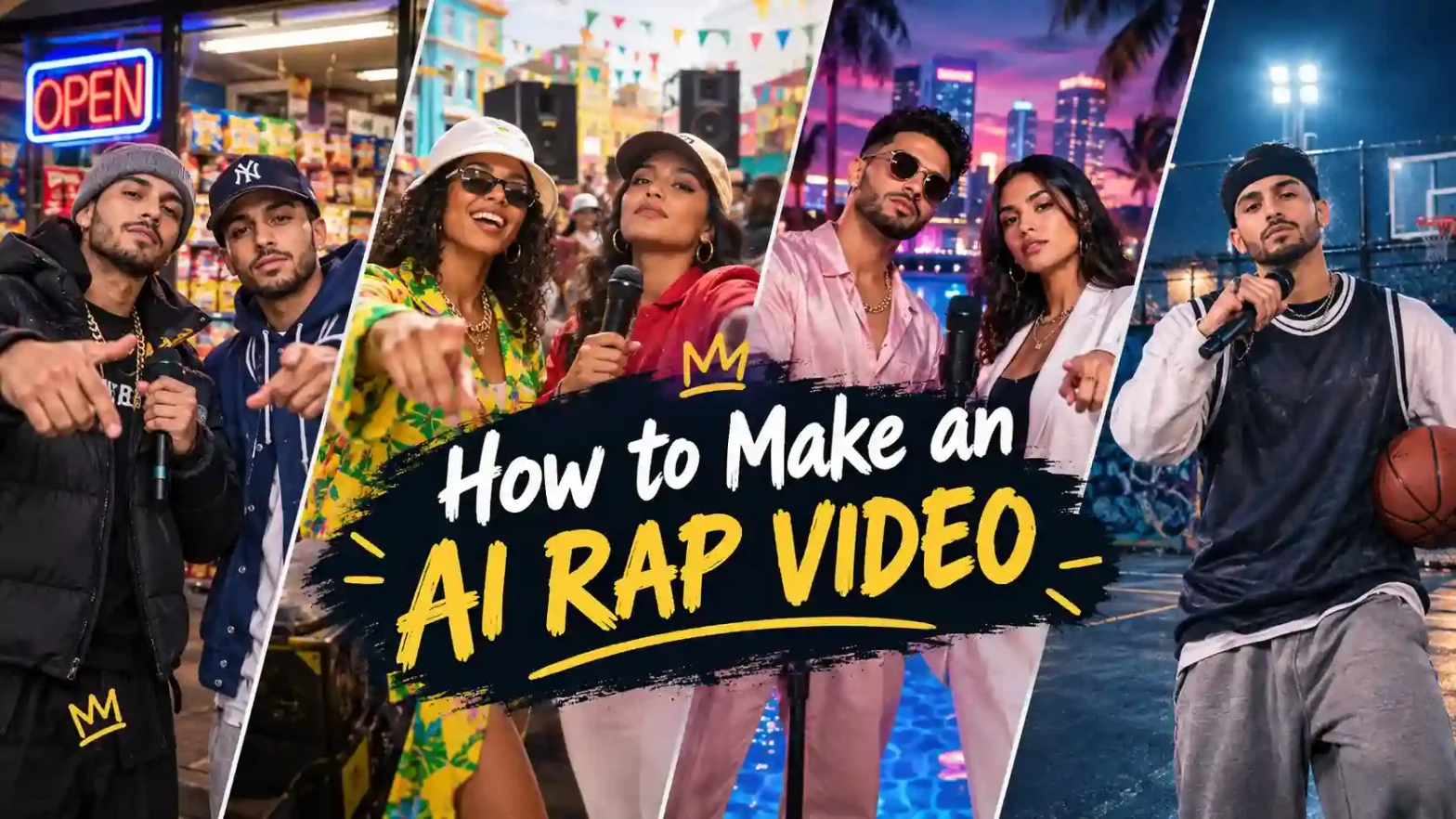 how to make an AI rap video banner featuring four rappers performing in a bodega, carnival street, Miami rooftop, and basketball court.