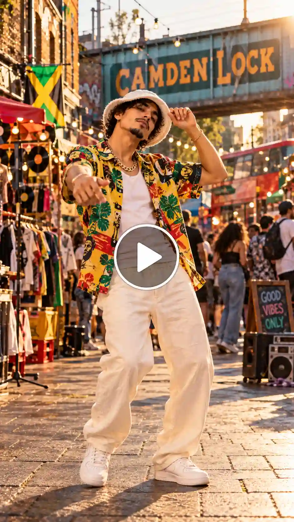 A young man dancing on a London market street at golden hour in a printed shirt and bucket hat.
