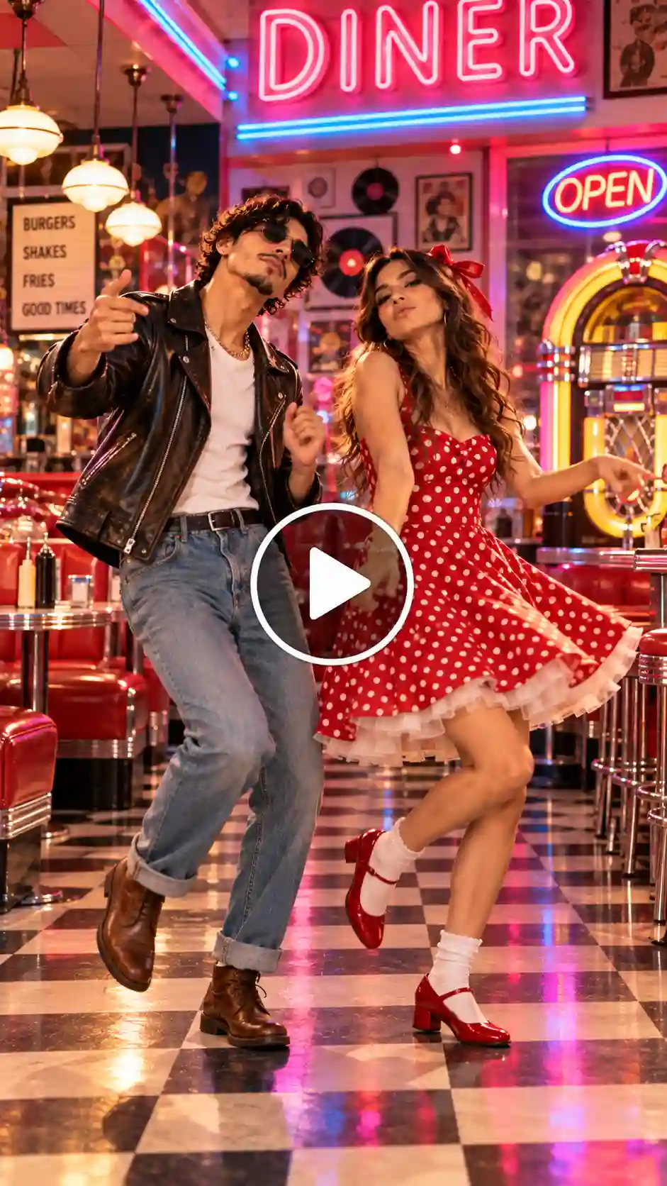 A man and a woman dancing swing steps in a 1950s-style diner with a glowing jukebox.