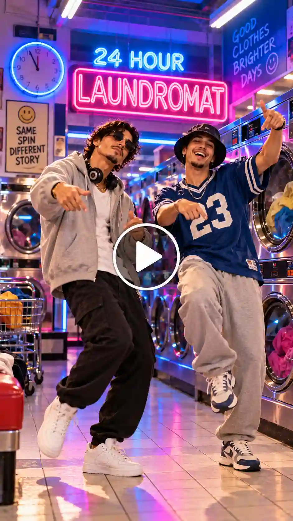 Two friends dancing together in a glowing 24-hour laundromat at night.