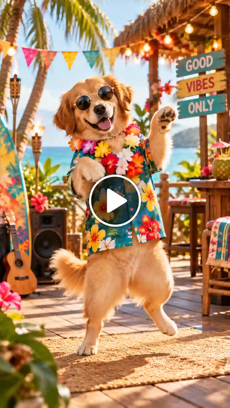 A dog in a Hawaiian shirt and sunglasses dancing on its hind legs at a tropical beach patio party.