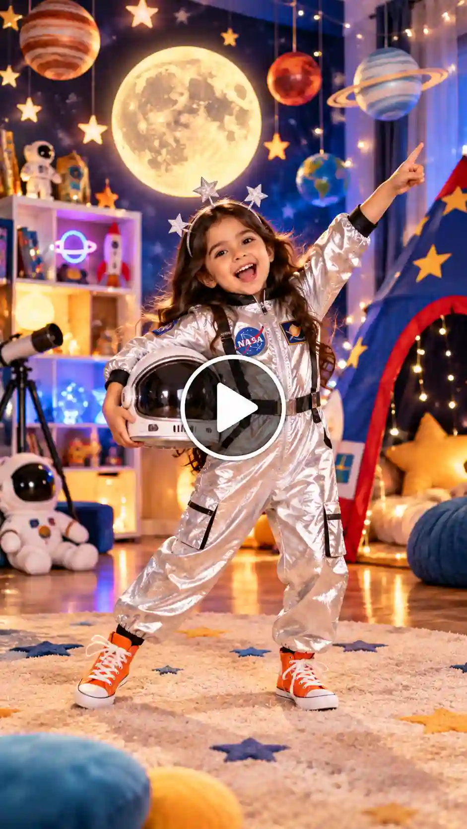 A happy child in a shiny astronaut costume dancing in a colorful space-themed playroom with paper stars and planets.
