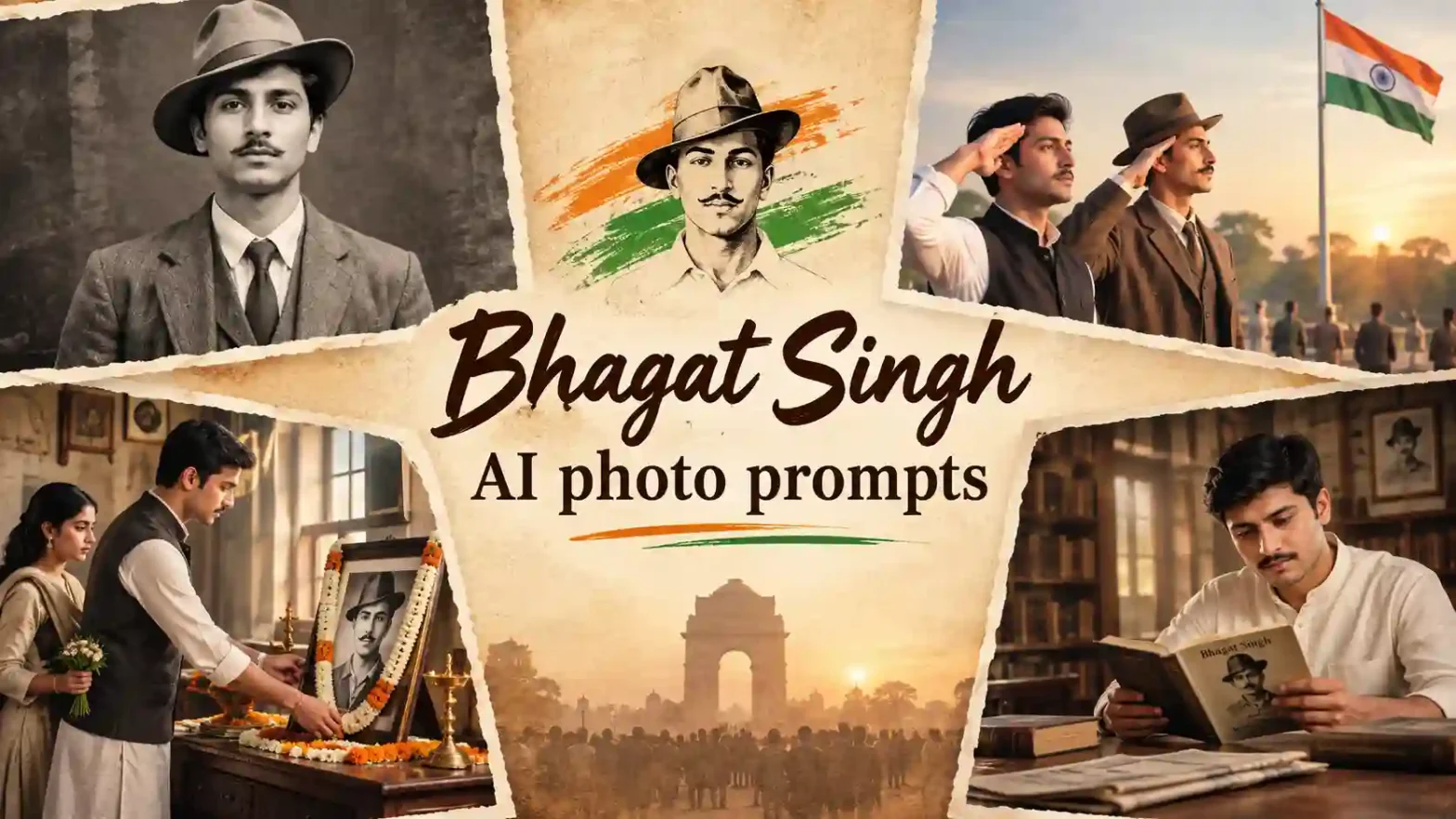 Bhagat Singh AI photo prompts banner featuring vintage portraits, a patriotic flag salute, a birth anniversary tribute, and a historical library scene.