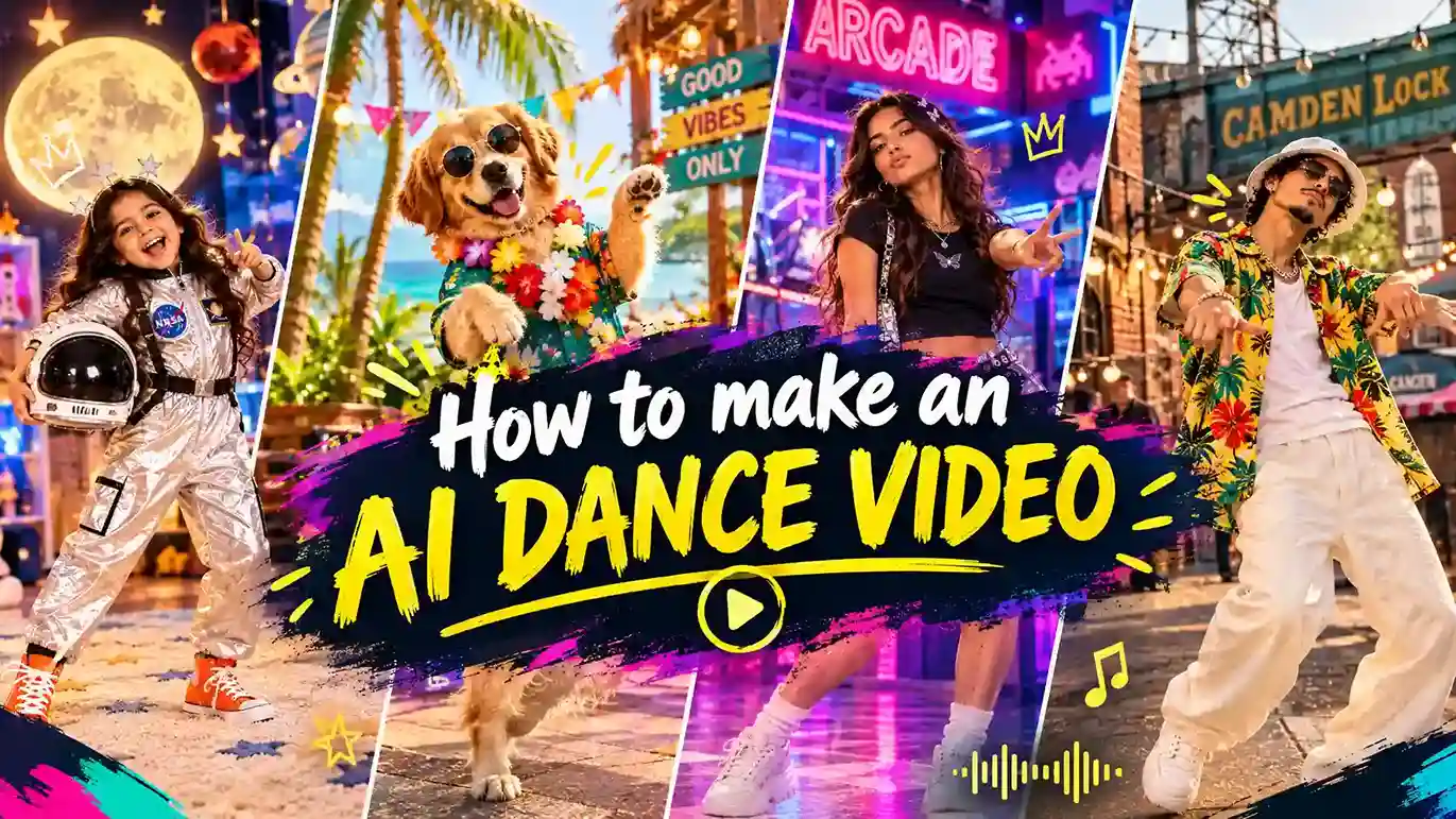 How to make an AI dance video featuring a child astronaut, dancing dog, woman in an arcade, and man dancing at Camden Lock.