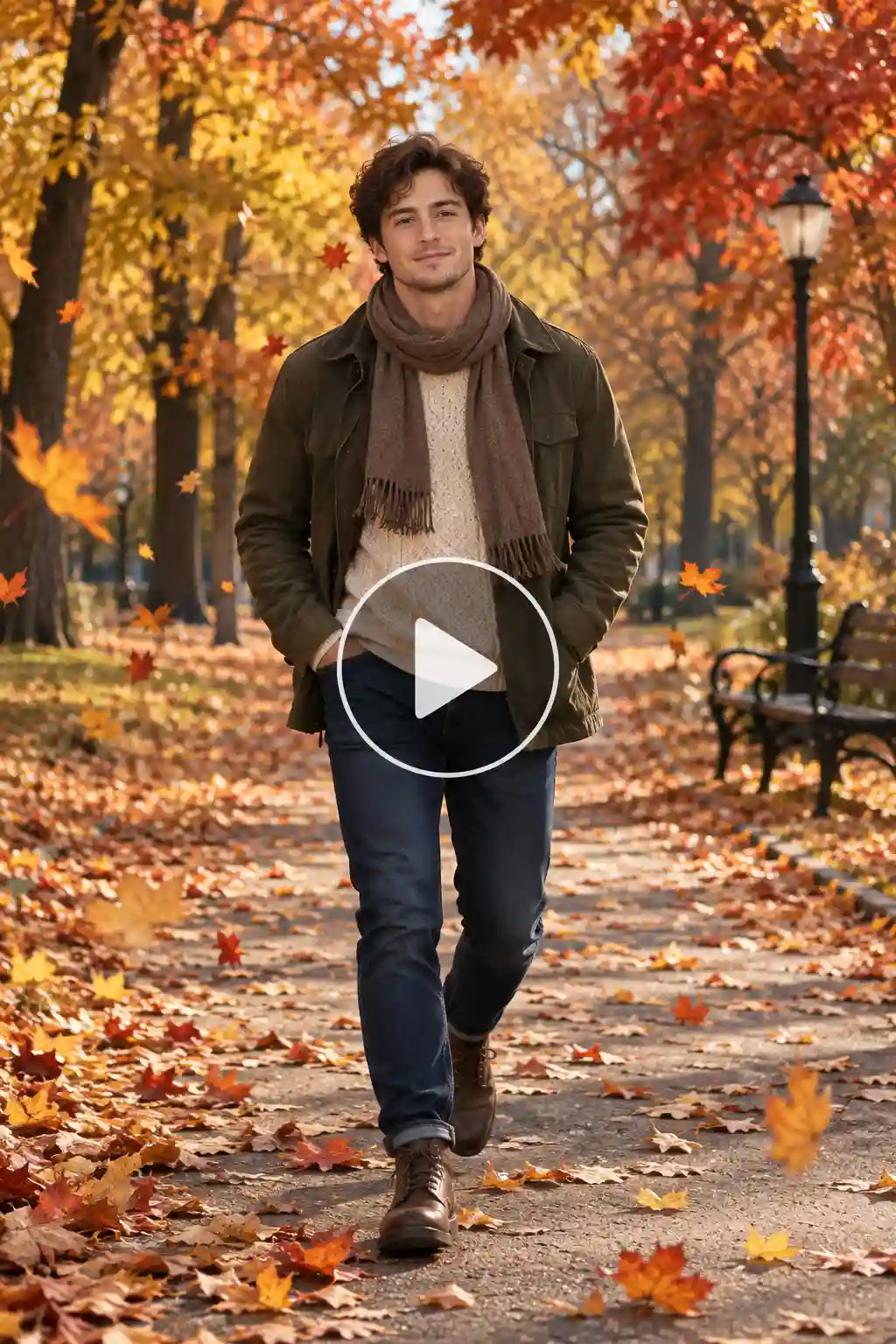 Man walking through falling autumn leaves on a park pathway surrounded by colorful fall foliage. 