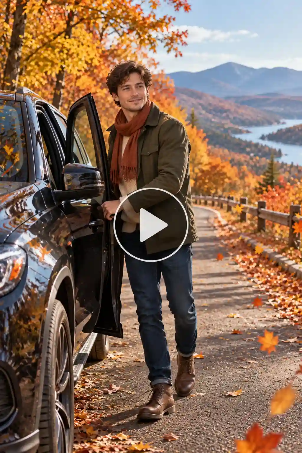 Man walking toward a dark SUV on a scenic mountain road surrounded by vibrant autumn foliage.
