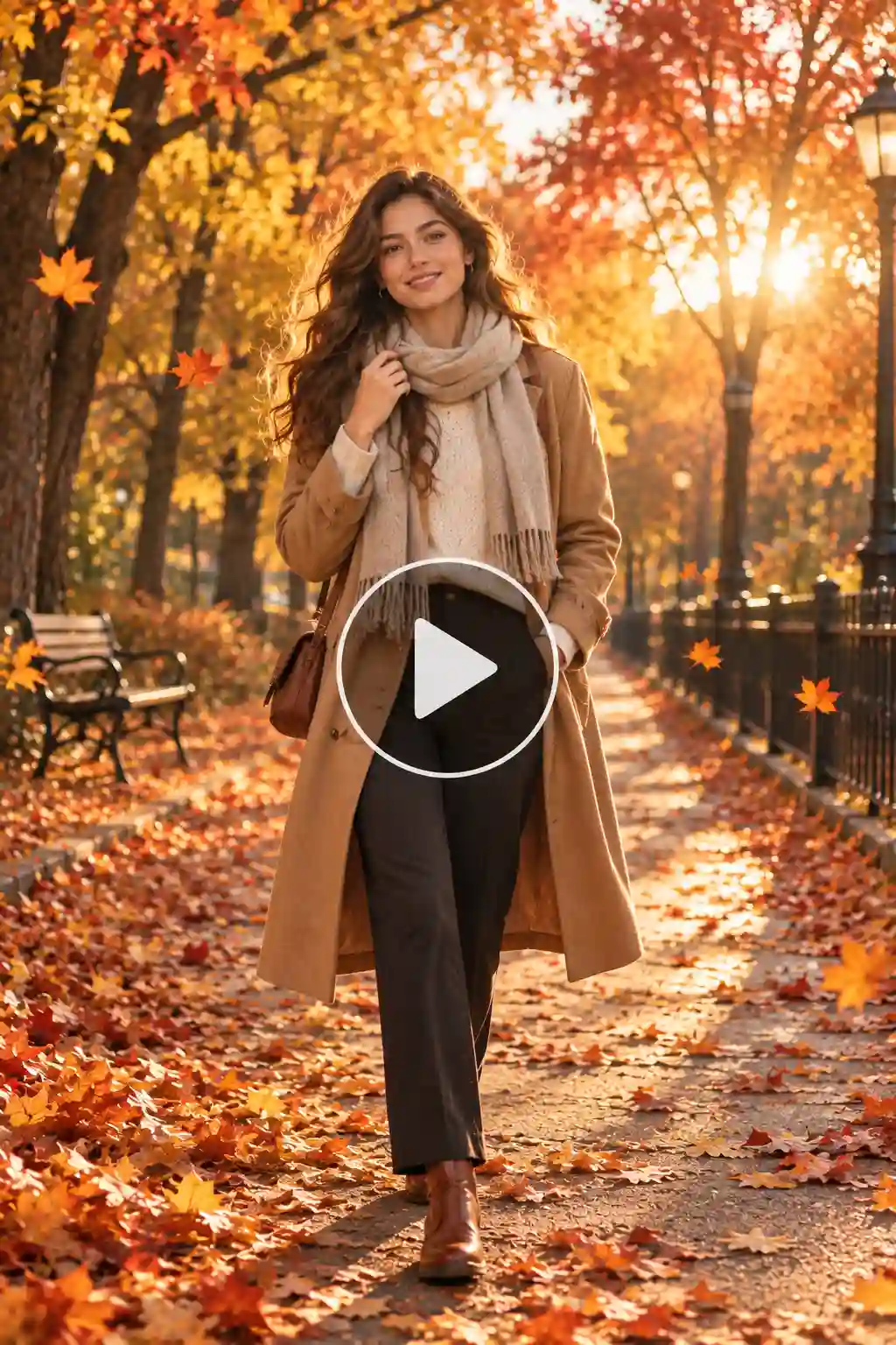 Woman walking along a tree-lined autumn pathway during golden hour with colorful fall leaves.
