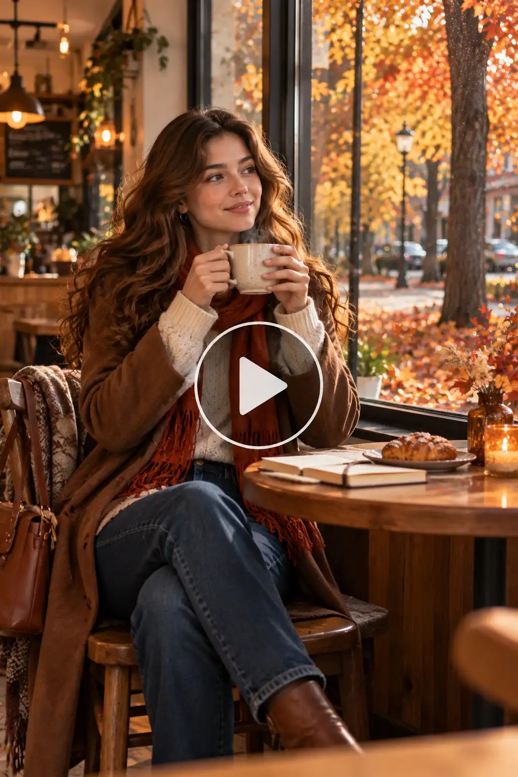 Woman enjoying coffee beside a window in a cozy café overlooking colorful autumn foliage.