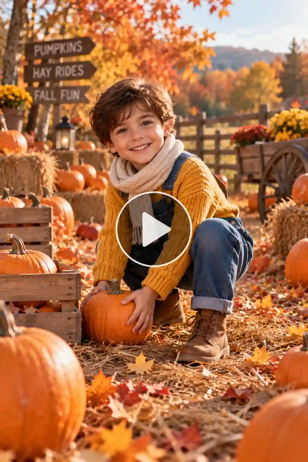 Child picking up a small pumpkin in a colorful autumn pumpkin patch surrounded by fallen leaves.
