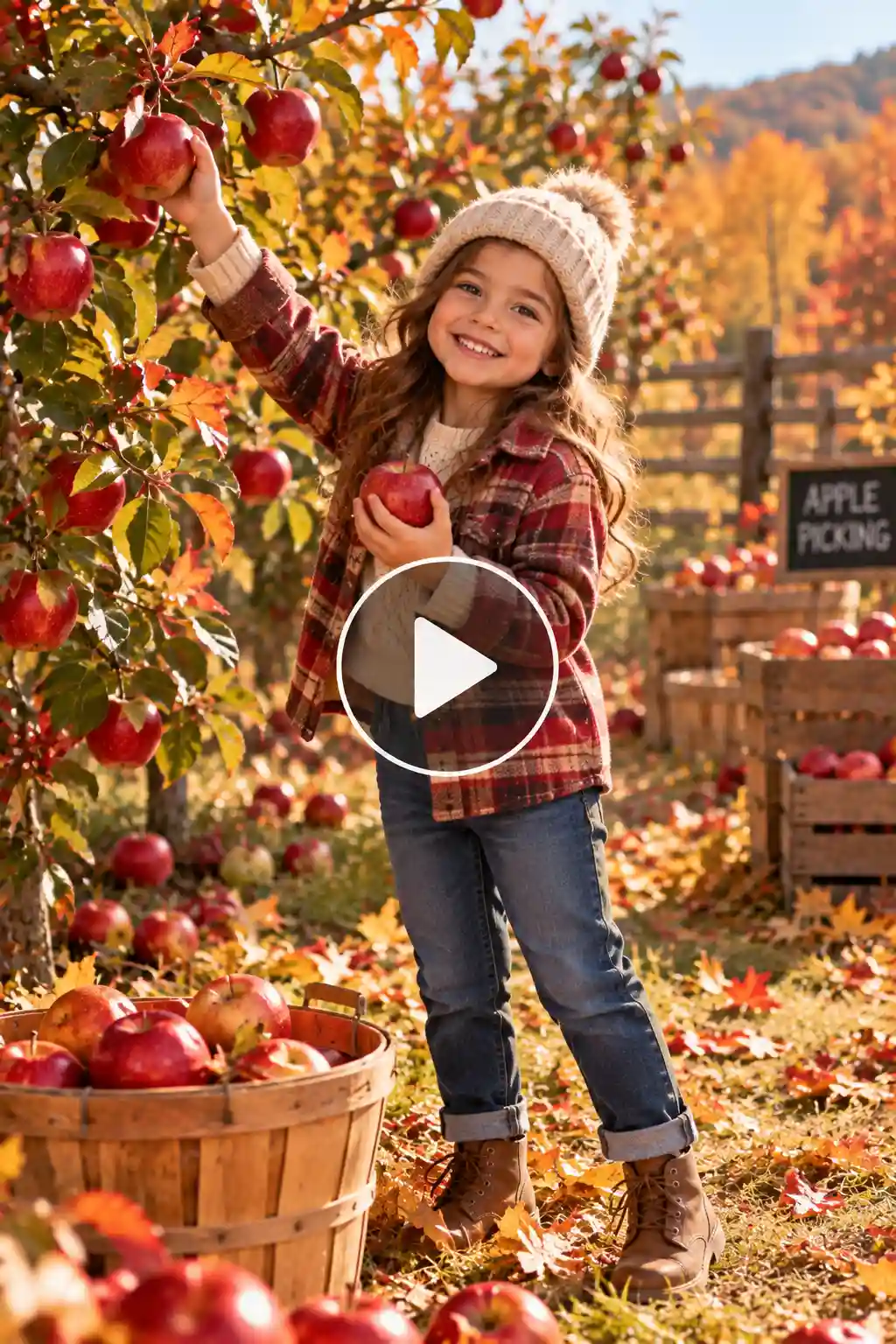 Child picking a red apple from a tree in a scenic fall orchard surrounded by autumn foliage.
