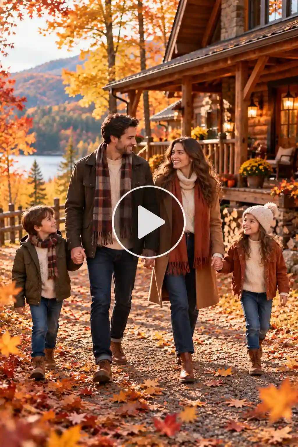Family walking toward a rustic wooden cabin surrounded by colorful autumn trees and fallen leaves.