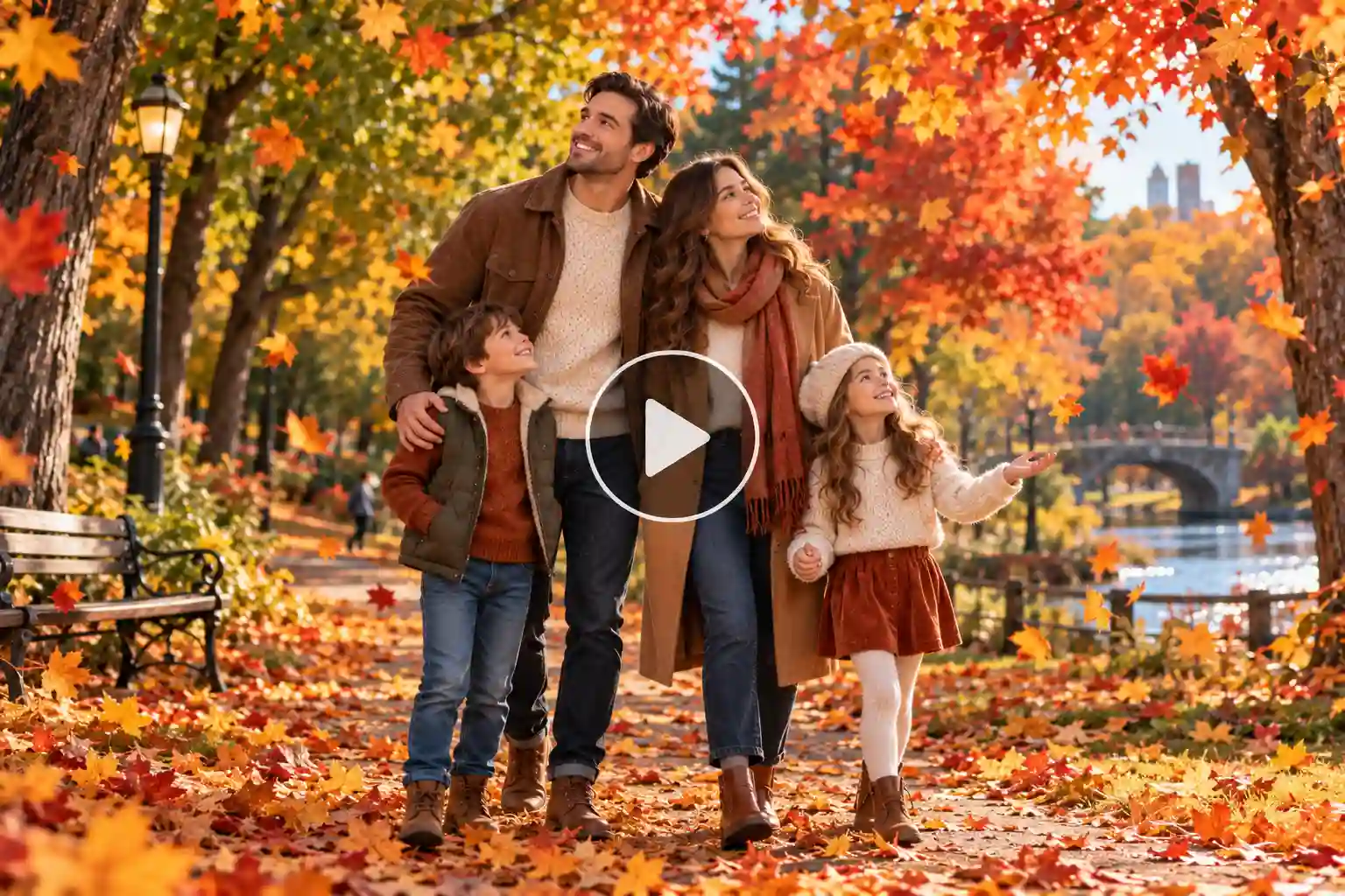 Family standing together as green trees transform into vibrant yellow, orange, and red autumn foliage.