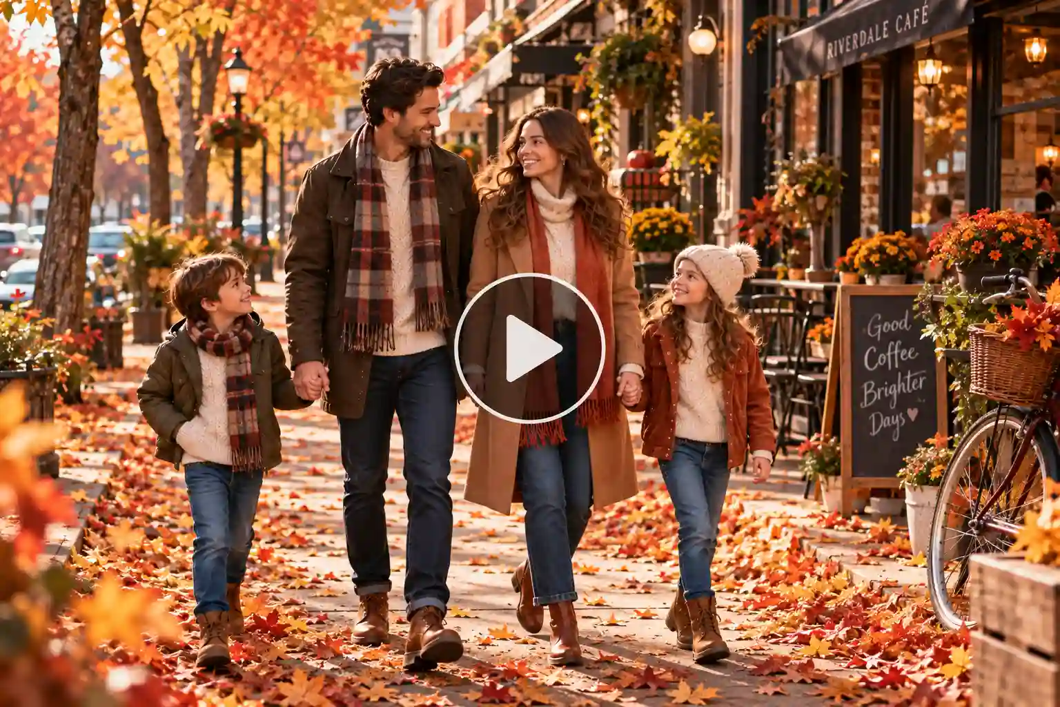 Family walking together along a tree-lined town sidewalk surrounded by colorful autumn leaves and cozy cafés.