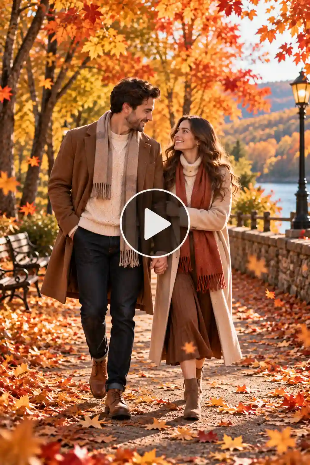 Couple walking hand in hand through a peaceful autumn park surrounded by colorful fall foliage.