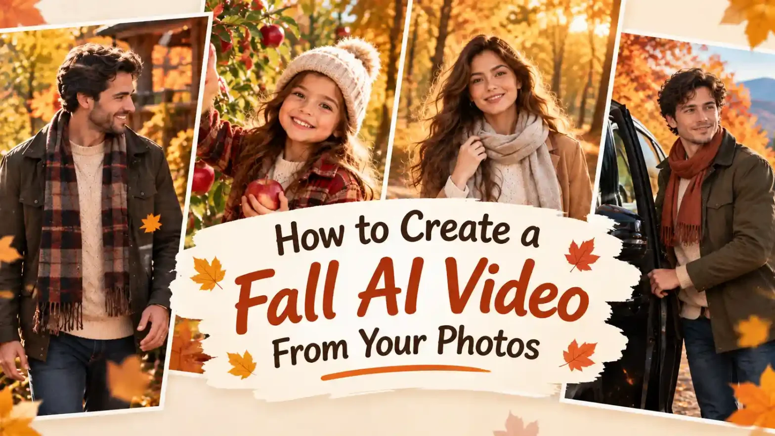 Fall AI video banner featuring four autumn photos of a man, girl, woman, and man beside a car with the text “How to Create a Fall AI Video From Your Photos.