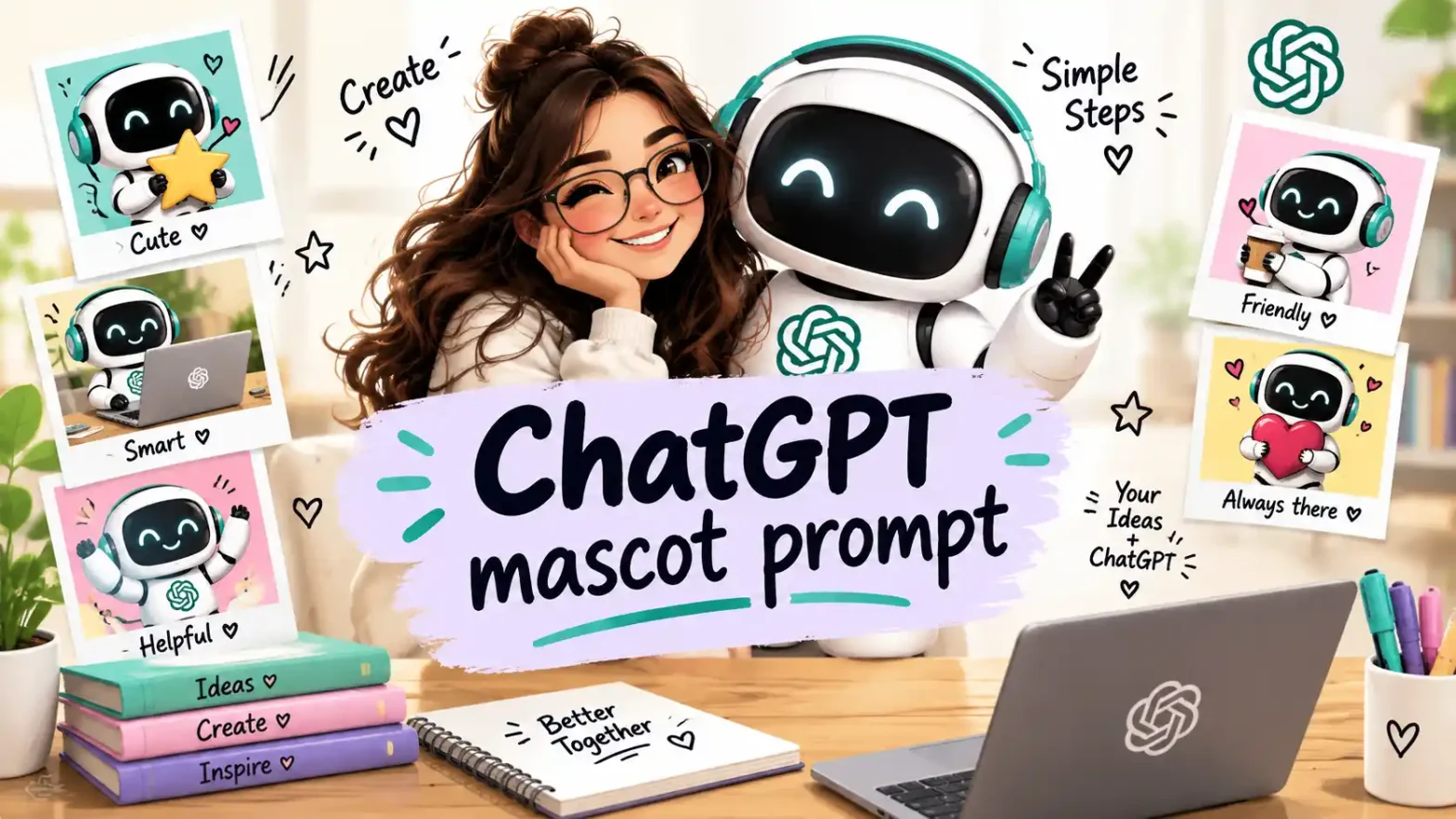 ChatGPT mascot prompt banner featuring a woman with a cute AI robot mascot, colorful mascot examples, and creative doodles.