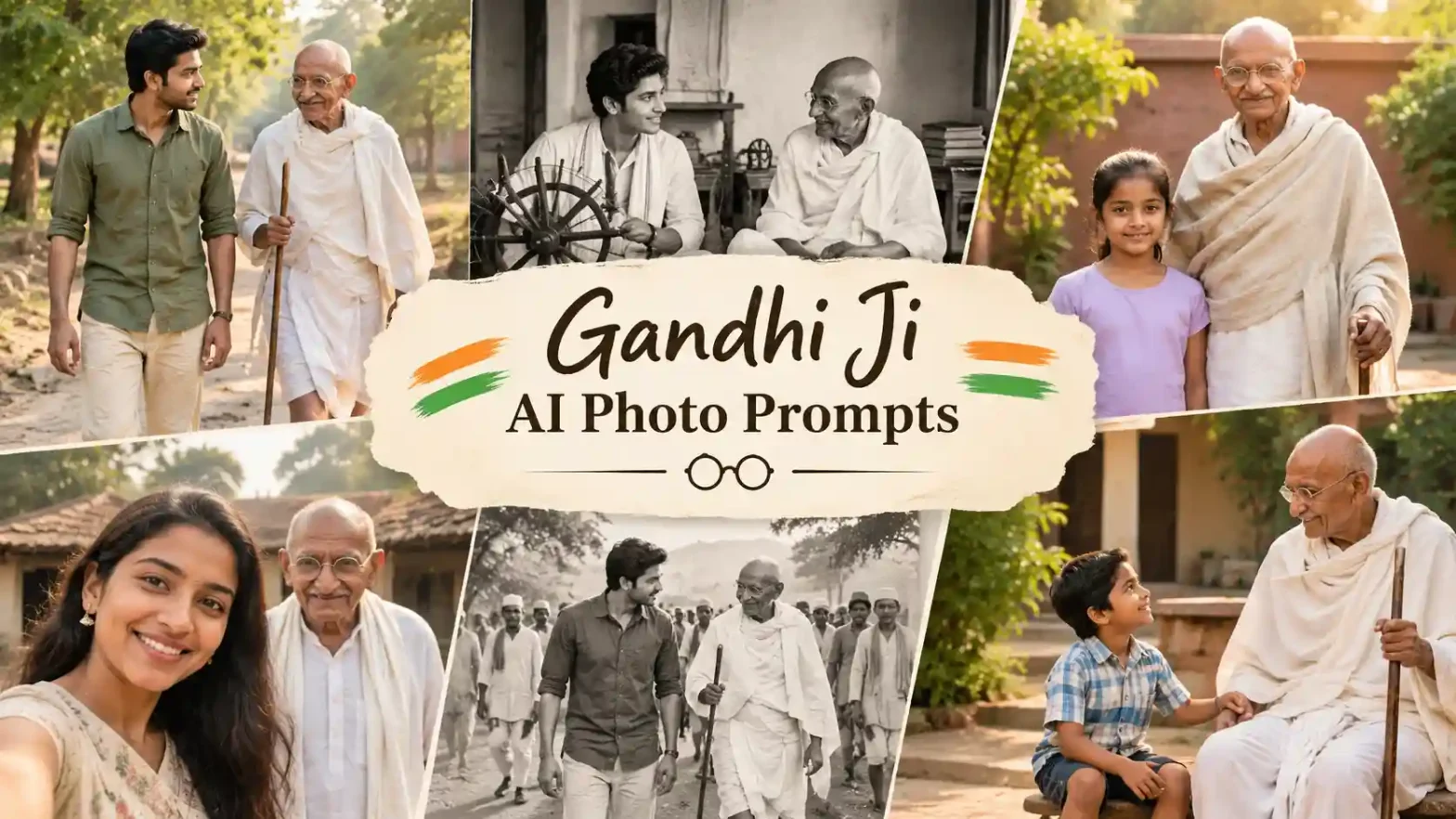 Gandhi Ji AI photo prompts banner featuring multiple Gandhi-inspired scenes with people, children, a charkha, and peaceful rural Indian settings.