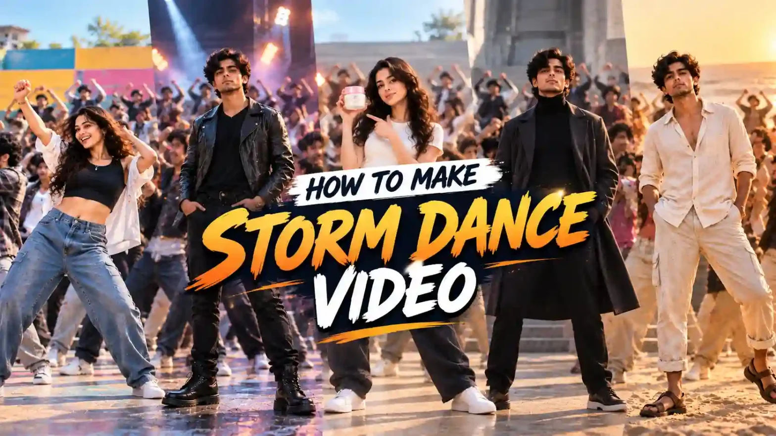 Storm Dance video banner featuring men and women performing the viral dance trend in different cinematic settings.