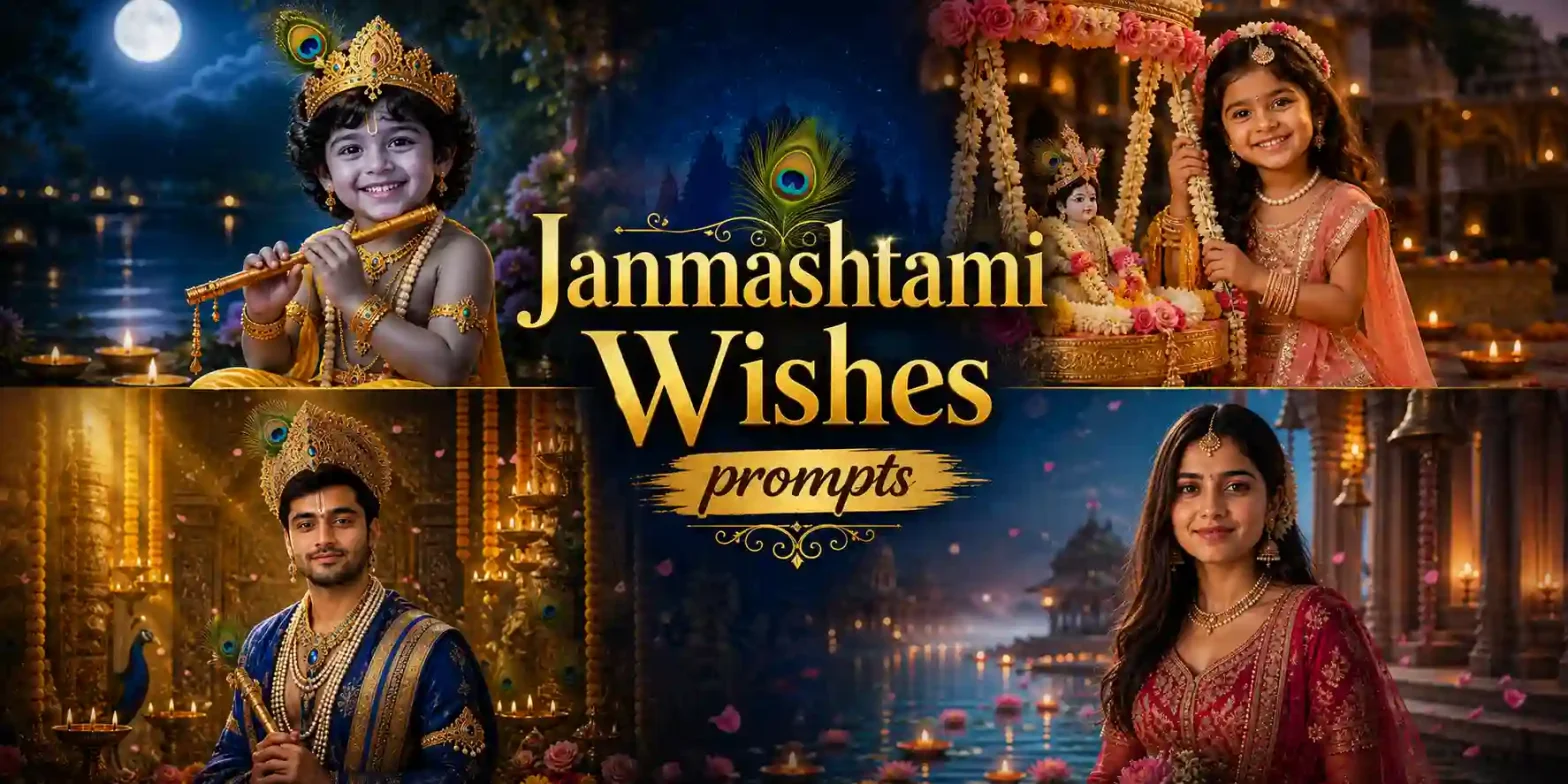 Janmashtami Wishes prompts banner with four Krishna-themed festive portraits.
