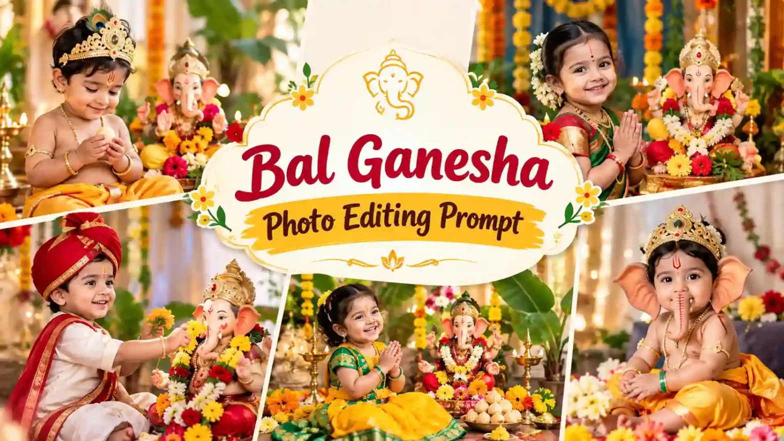 Bal Ganesha photo editing prompt banner featuring festive child portraits, Lord Ganesha idols, flowers, diyas, and traditional Indian decorations.