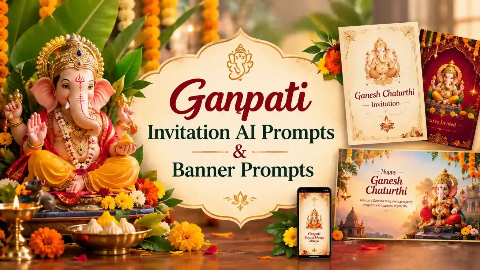 Ganpati invitation and banner AI prompts featuring Lord Ganesha, festive decorations, invitation cards, and colorful Ganesh Chaturthi designs.