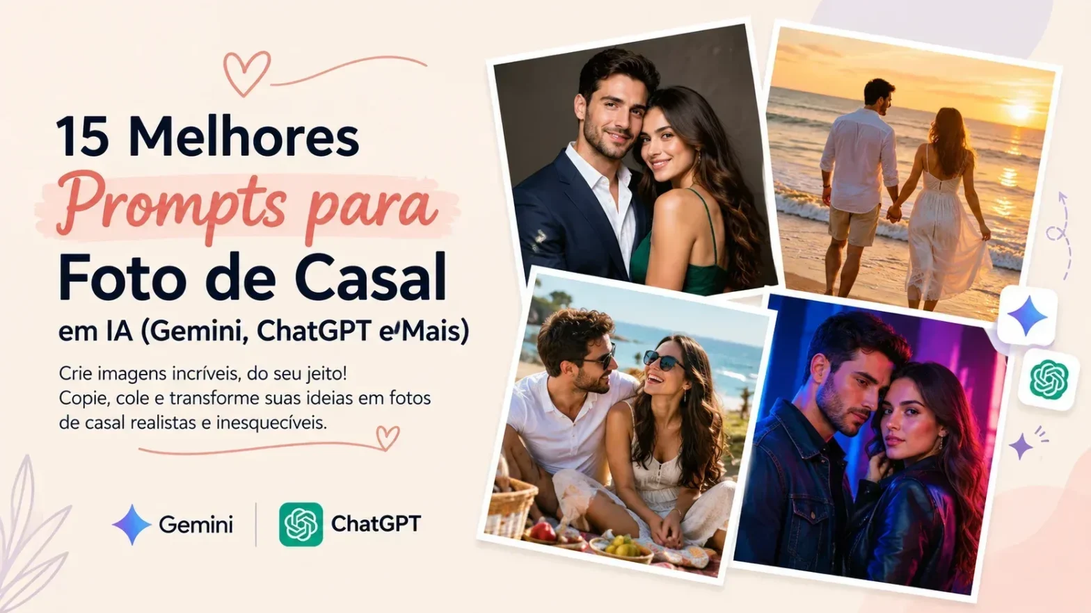 Banner com fotos românticas de casais em diferentes cenários.