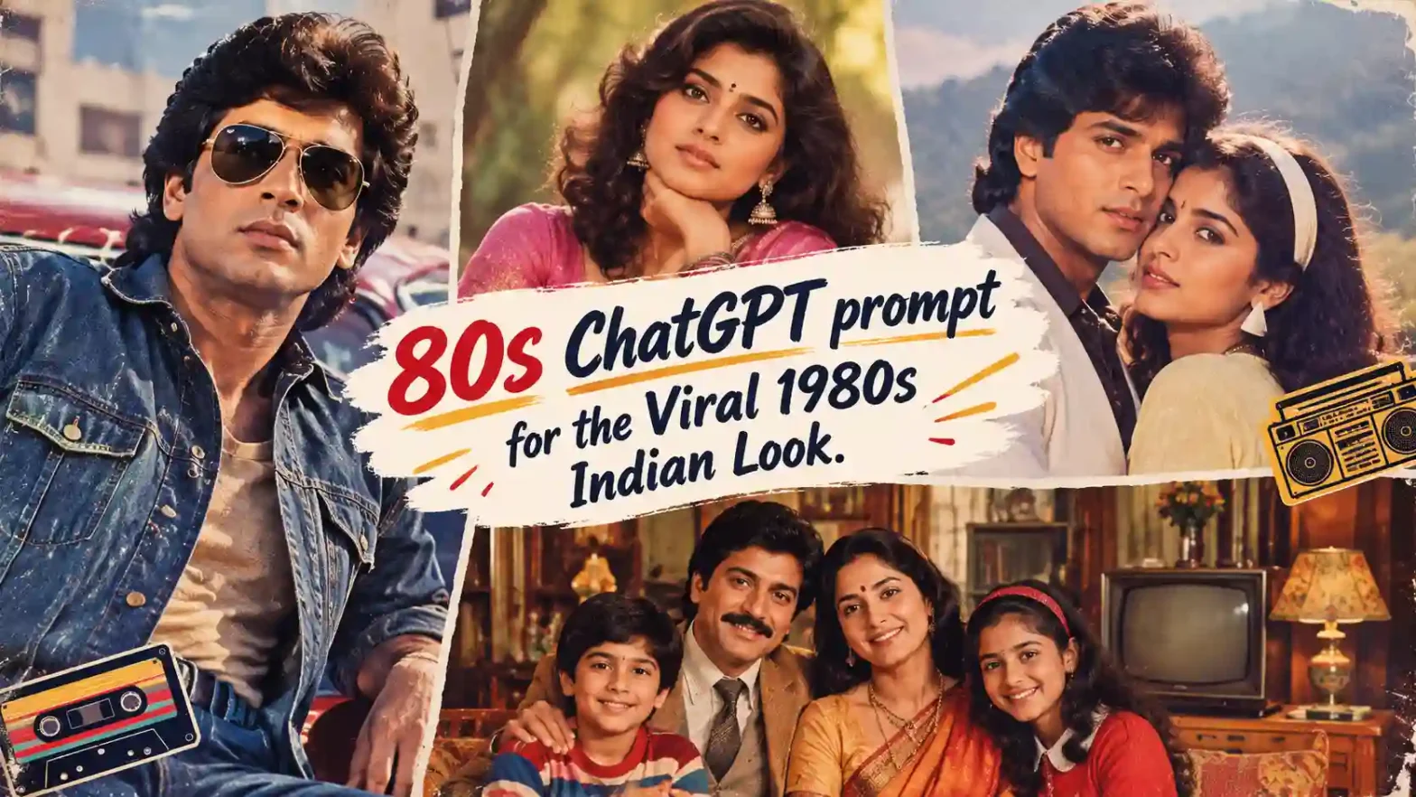 80s ChatGPT prompt banner featuring Indian men, women, a couple, and family in a vibrant retro 1980s Bollywood-inspired style.