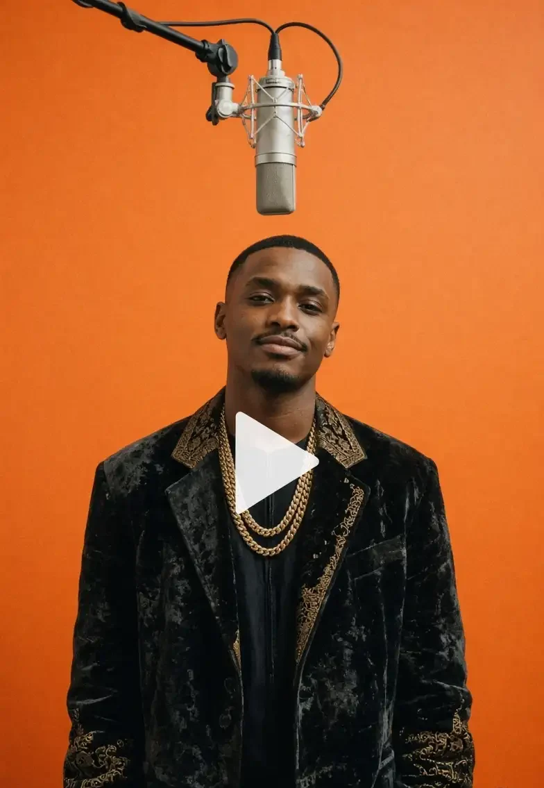 Solo man in velvet jacket and gold chains in orange COLORS booth with hanging mic and play button.