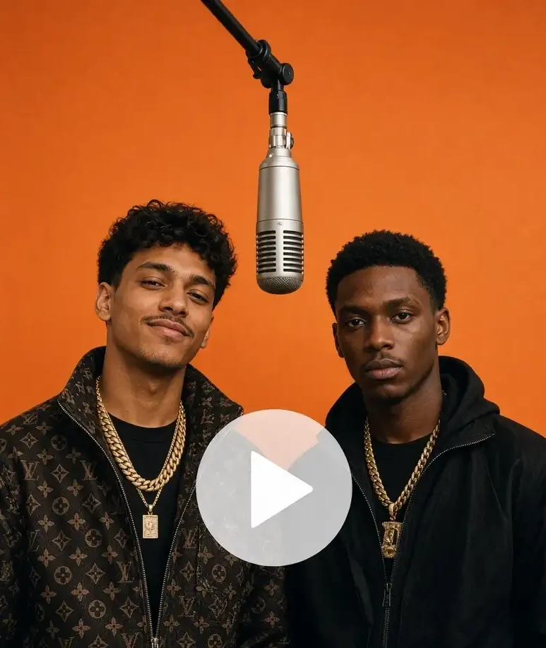 Two men in designer drip standing in an orange COLORS booth with hanging mic and play button.