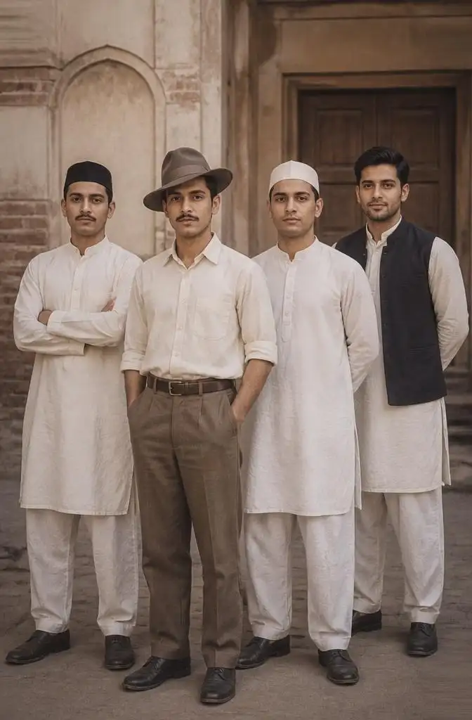 Person posing with Bhagat Singh, Rajguru, and Sukhdev in a historical group portrait