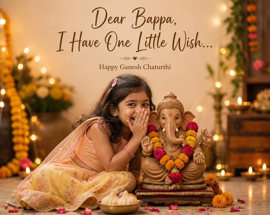 Little girl whispering a wish to Lord Ganesha during a heartwarming Ganesh Chaturthi celebration.