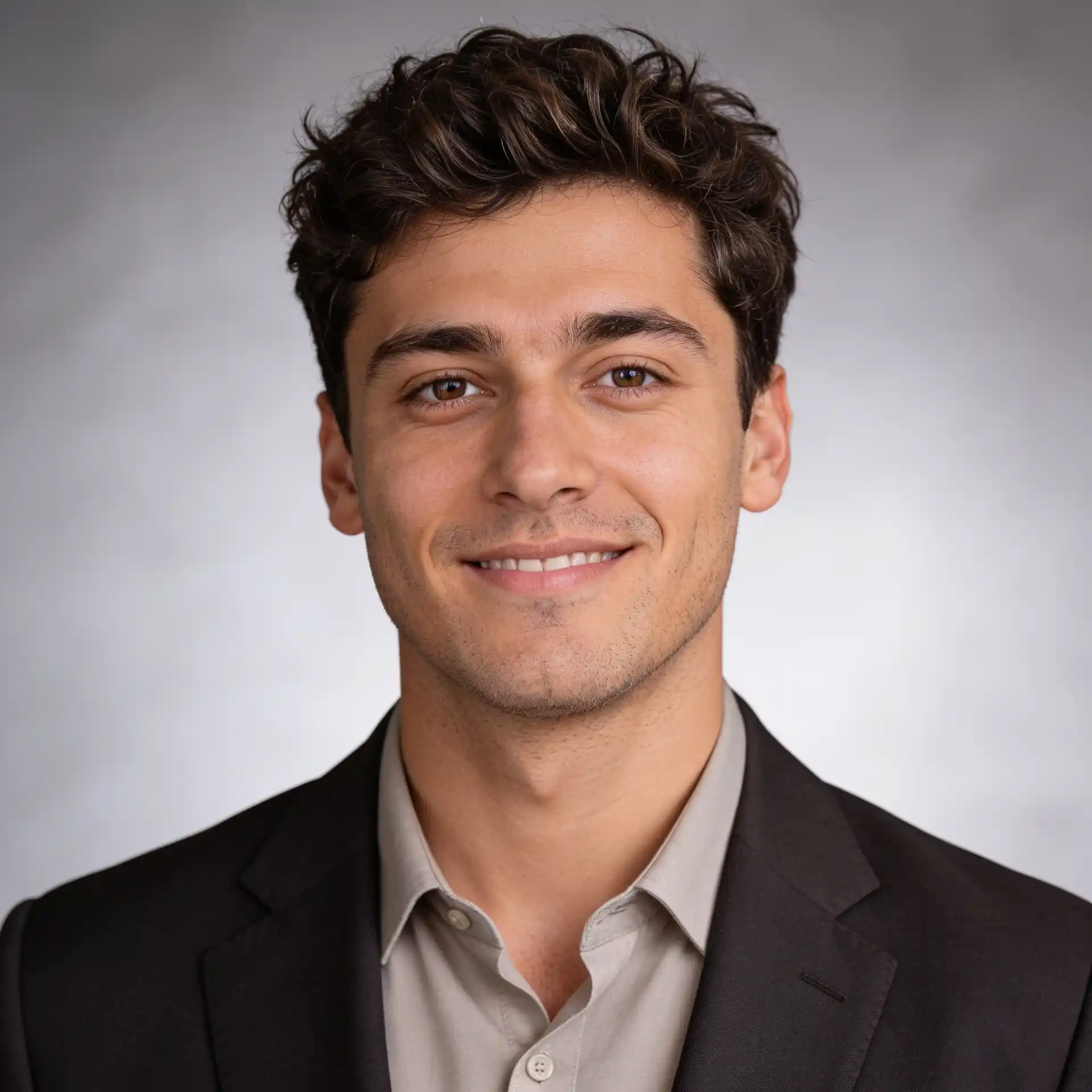 Recruiter-friendly LinkedIn headshot with a soft gray background and approachable expression.