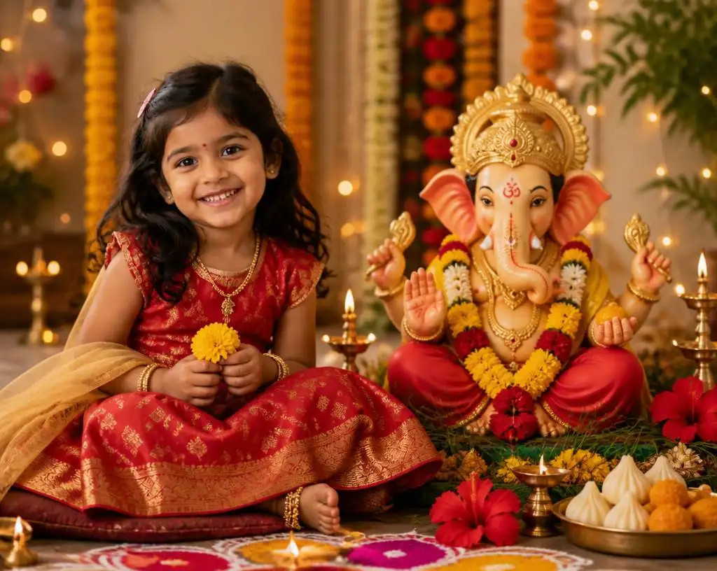 Baby girl in a red lehenga sitting beside Lord Ganesha with marigold flowers and diyas